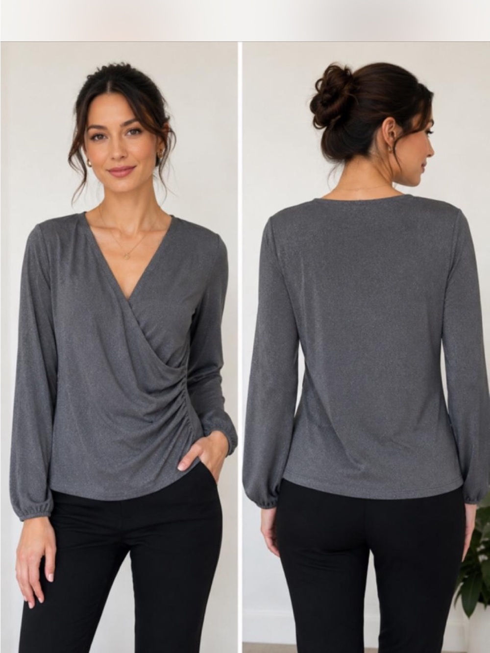 Talbots Charcoal Gray Draped V-Neck Long Sleeve Blouse